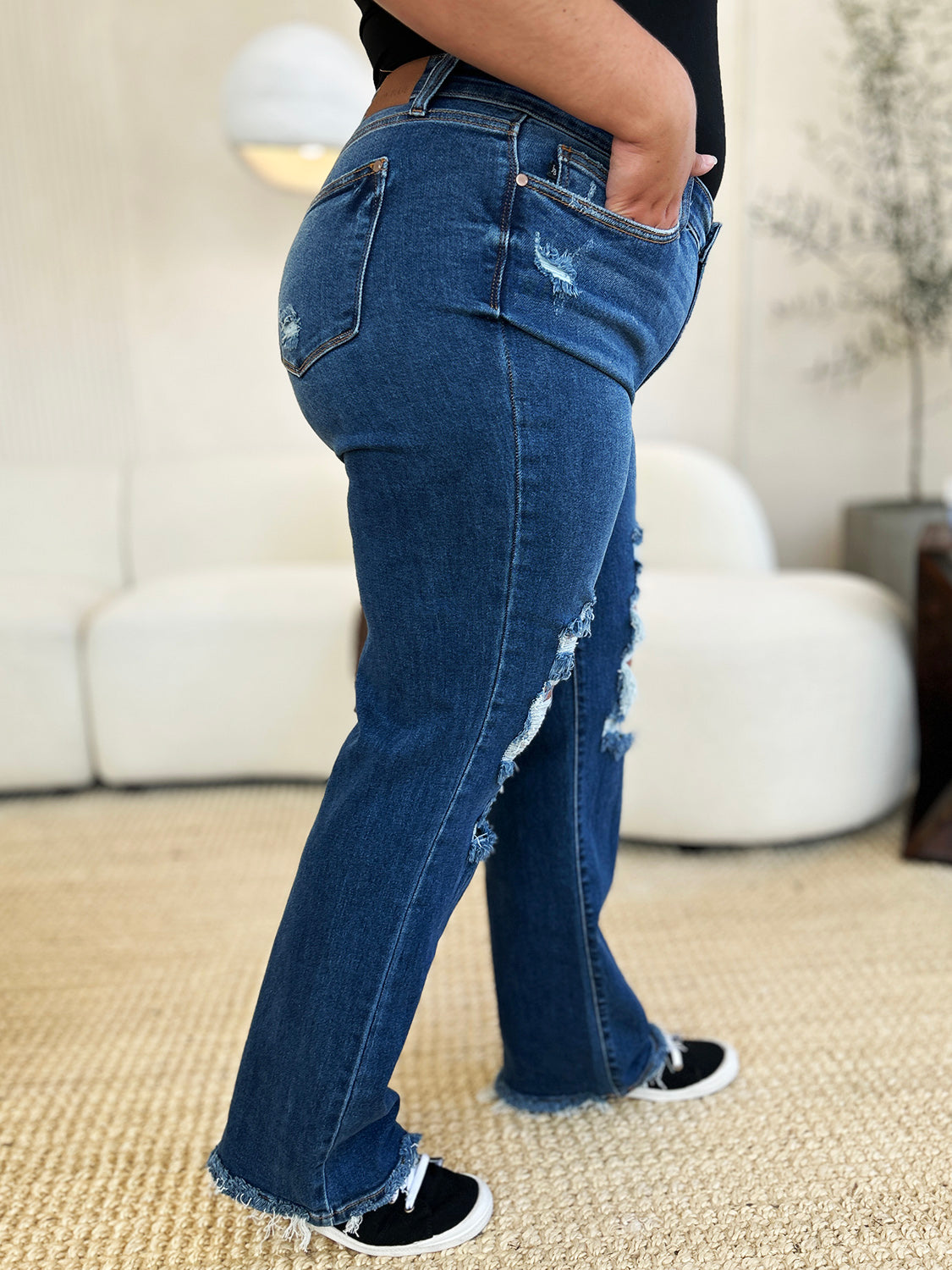 Judy Blue Full Size Mid Rise Distressed Raw Hem Jeans - Corinne's Boutique