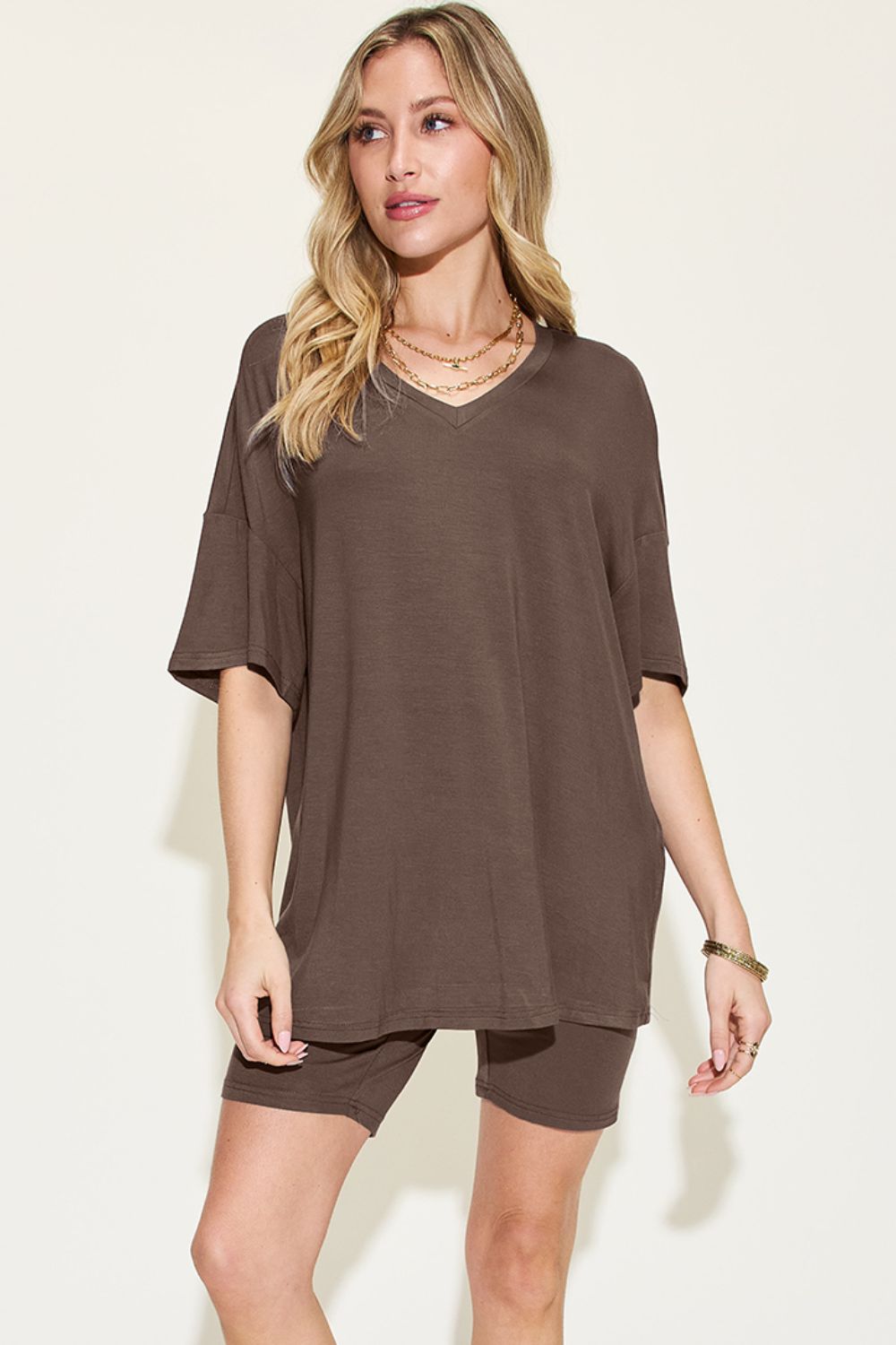 Basic Bae Full Size V-Neck Drop Shoulder T-Shirt and Shorts Set - Corinne's Boutique