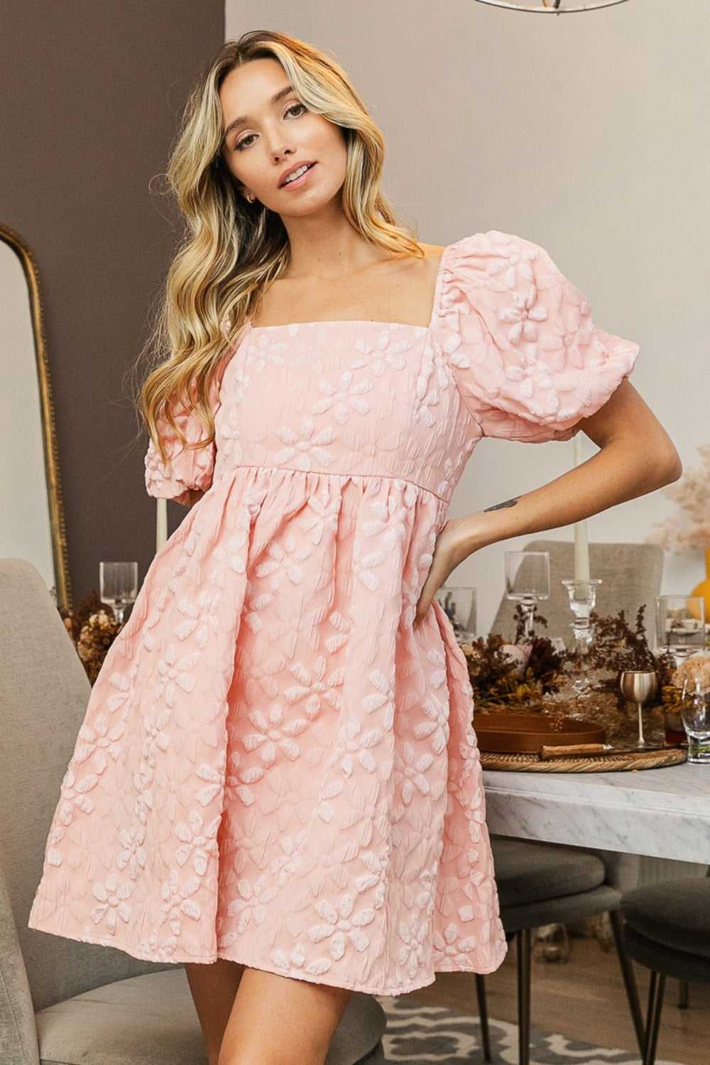 BiBi Flower Square Neck Puff Sleeve Dress - Corinne's Boutique