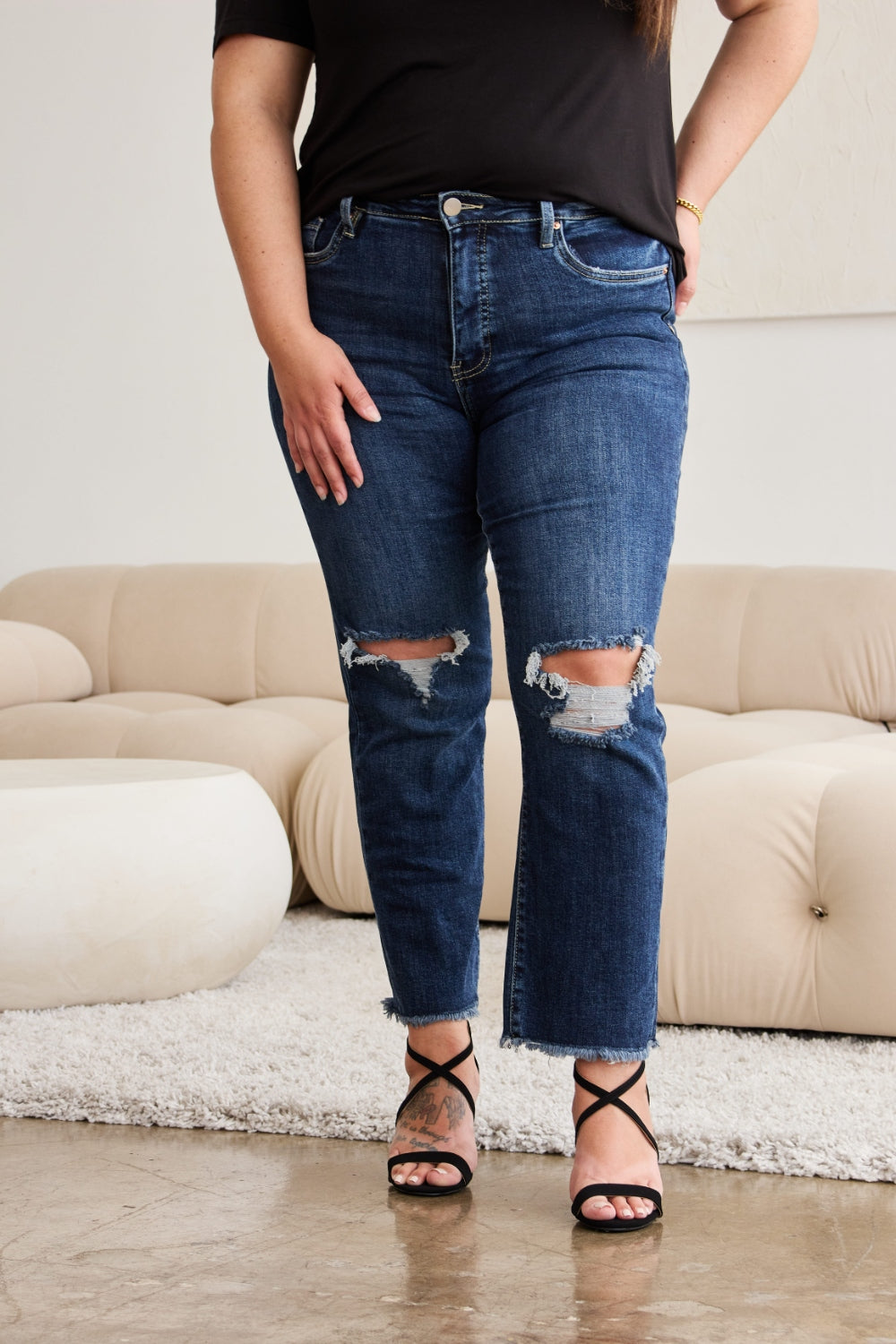 RFM Full Size Tummy Control Distressed High Waist Raw Hem Jeans - Corinne's Boutique