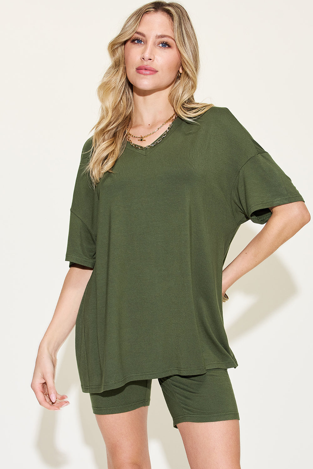 Basic Bae Full Size V-Neck Drop Shoulder T-Shirt and Shorts Set - Corinne's Boutique