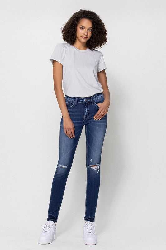 MID RISE ANKLE SKINNY DISTRESSED HEM FLYING MONKEY JEANS - Corinne's Boutique