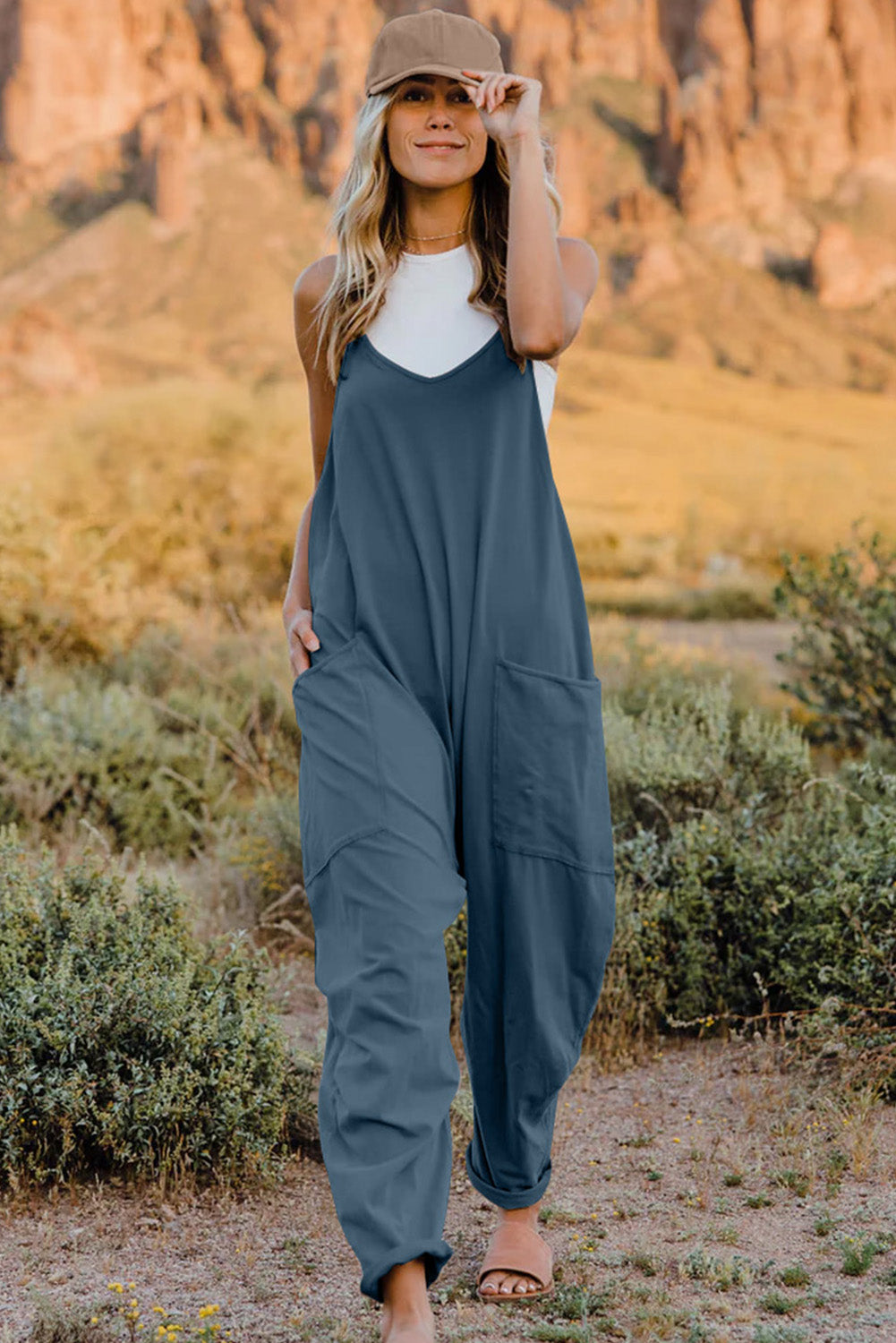 Double Take Full Size V-Neck Sleeveless Jumpsuit with Pockets - Corinne's Boutique