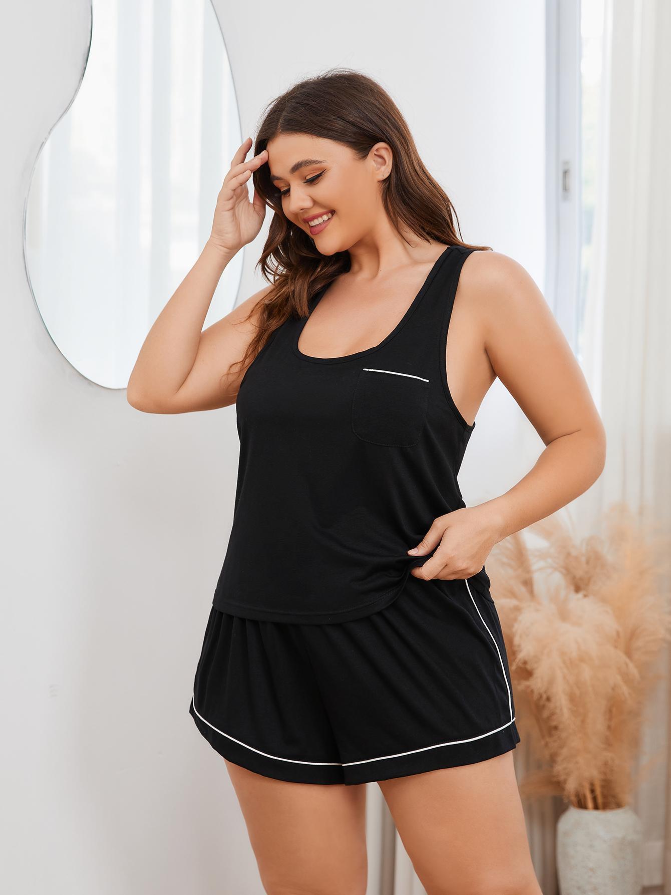 Plus Size Contrast Piping Racerback Tank and Shorts Lounge Set - Corinne's Boutique