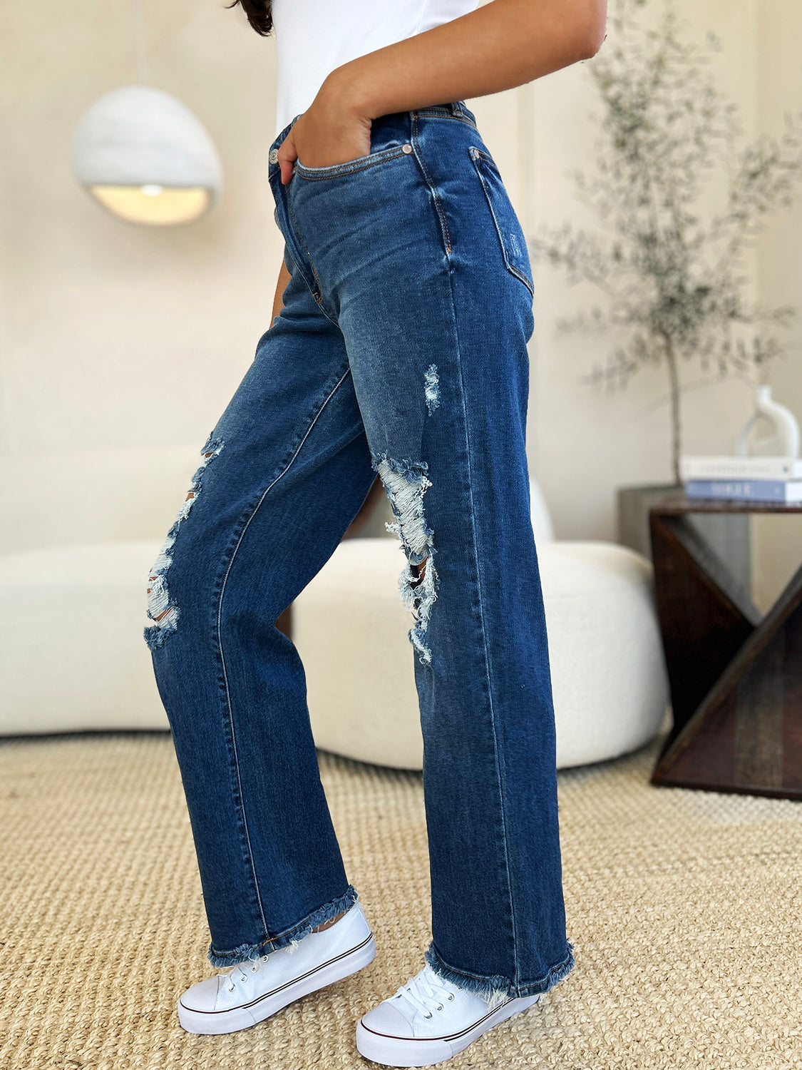 Judy Blue Full Size Mid Rise Distressed Raw Hem Jeans - Corinne's Boutique