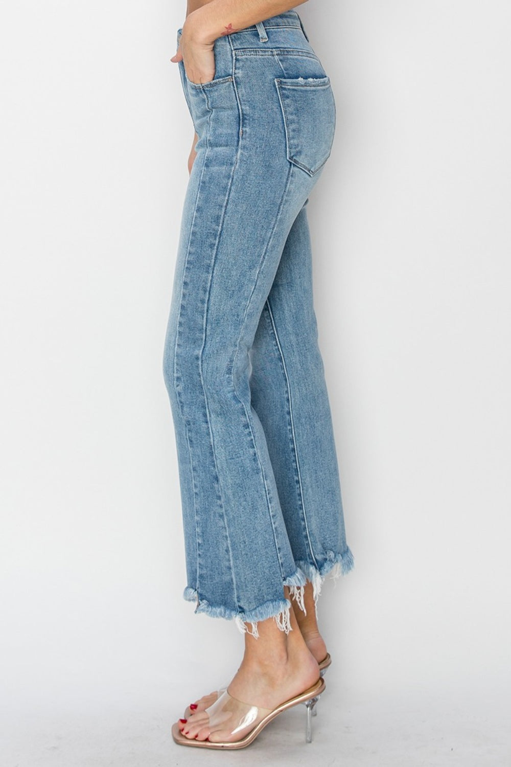 RISEN Full Size High Rise Frayed Hem Flare Jeans - Corinne's Boutique