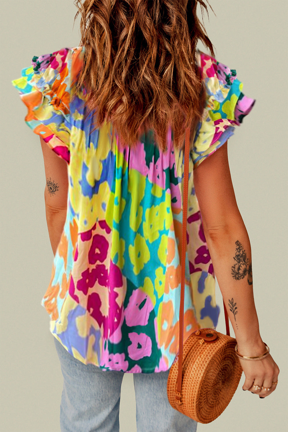 Ruffled Printed Tie Neck Cap Sleeve Blouse - Corinne's Boutique