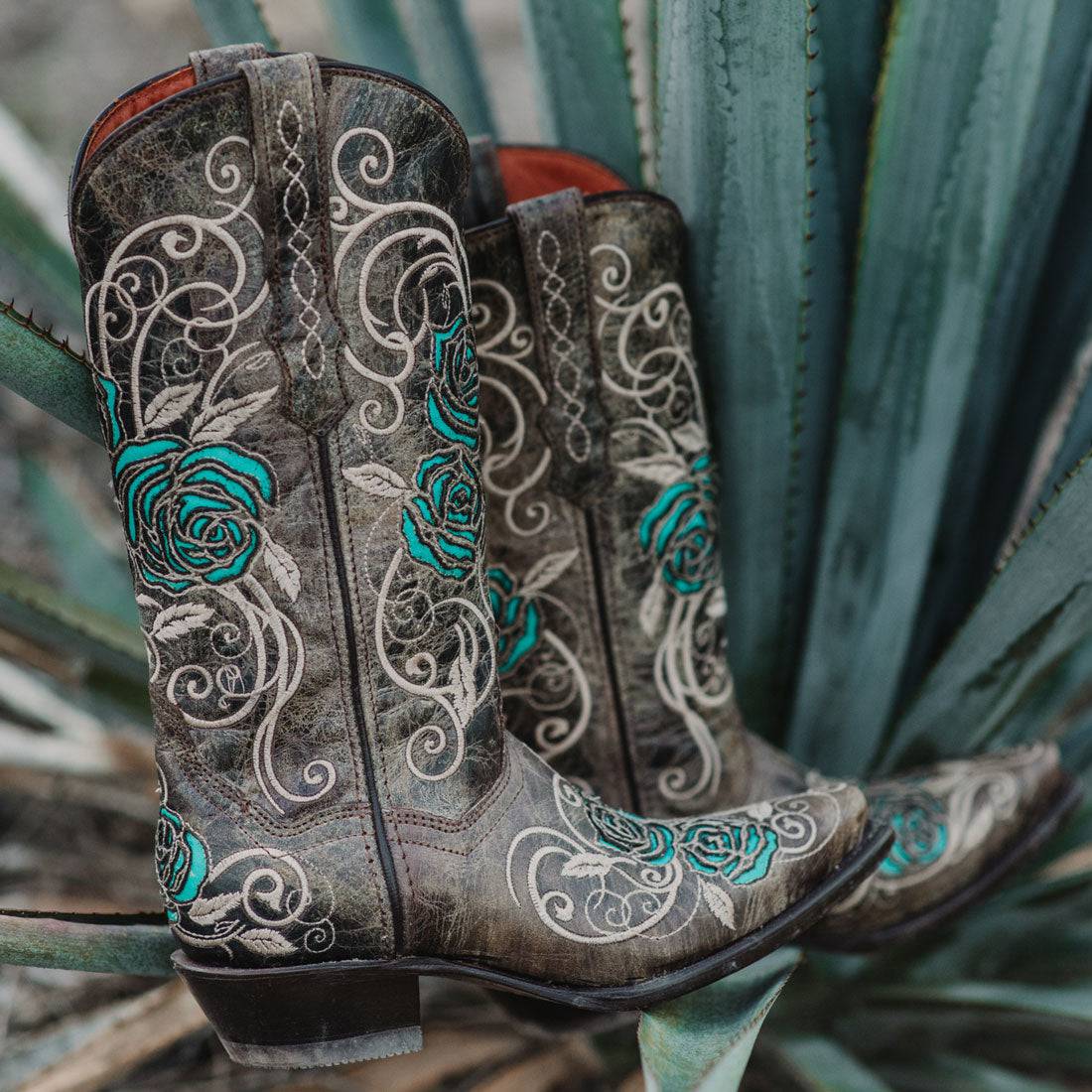 Turquoise Rose Inlayed Women's Cowgirl Boots - Corinne's Boutique