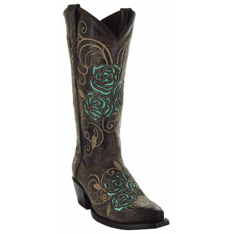 Turquoise Rose Inlayed Women's Cowgirl Boots - Corinne's Boutique