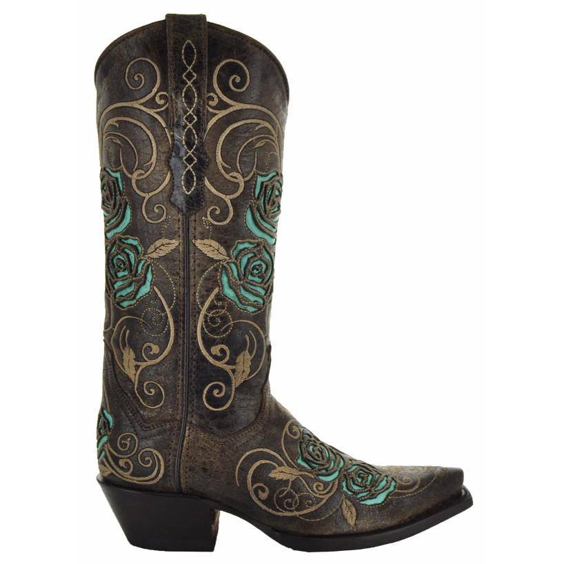 Turquoise Rose Inlayed Women's Cowgirl Boots - Corinne's Boutique