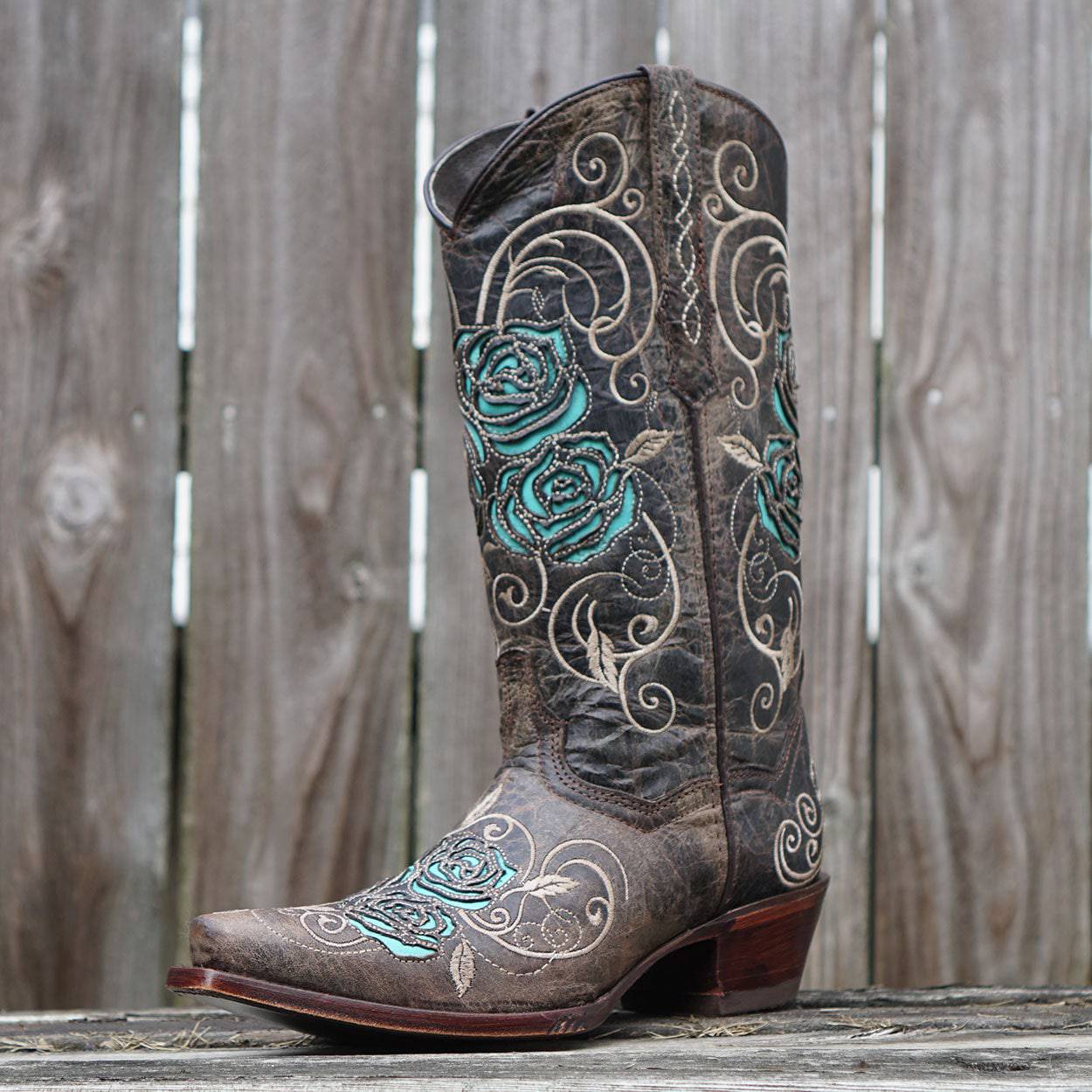 Turquoise Rose Inlayed Women's Cowgirl Boots - Corinne's Boutique