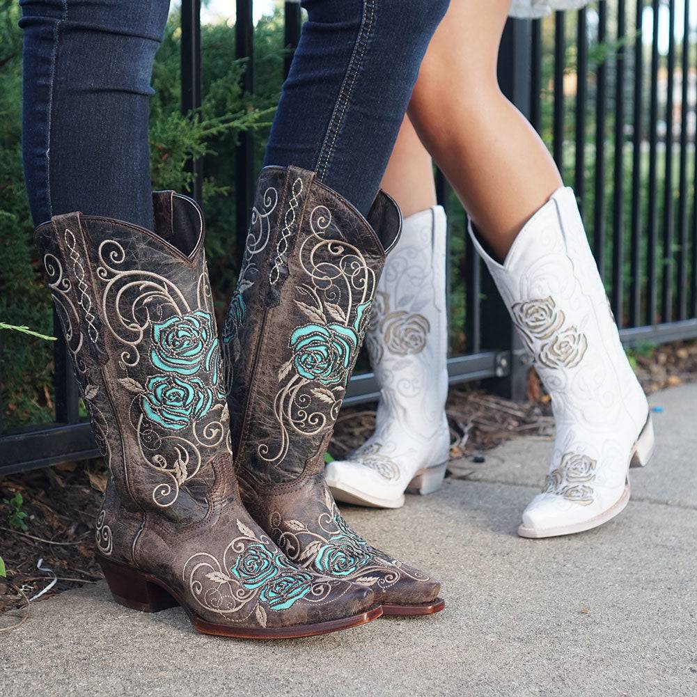 Turquoise Rose Inlayed Women's Cowgirl Boots - Corinne's Boutique