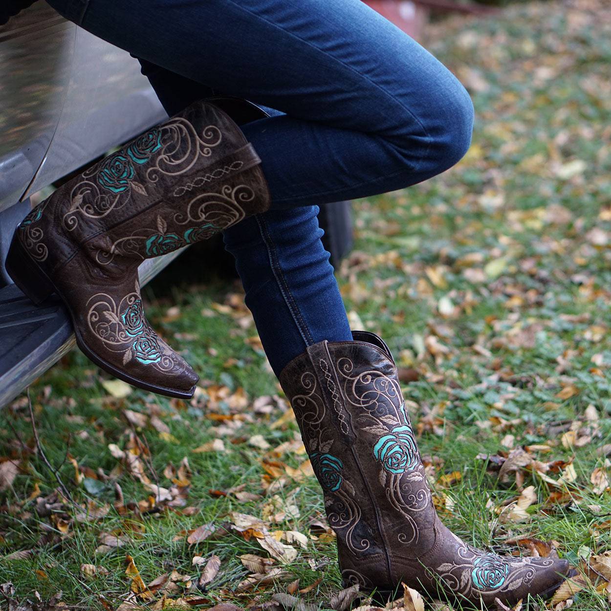 Turquoise Rose Inlayed Women's Cowgirl Boots - Corinne's Boutique