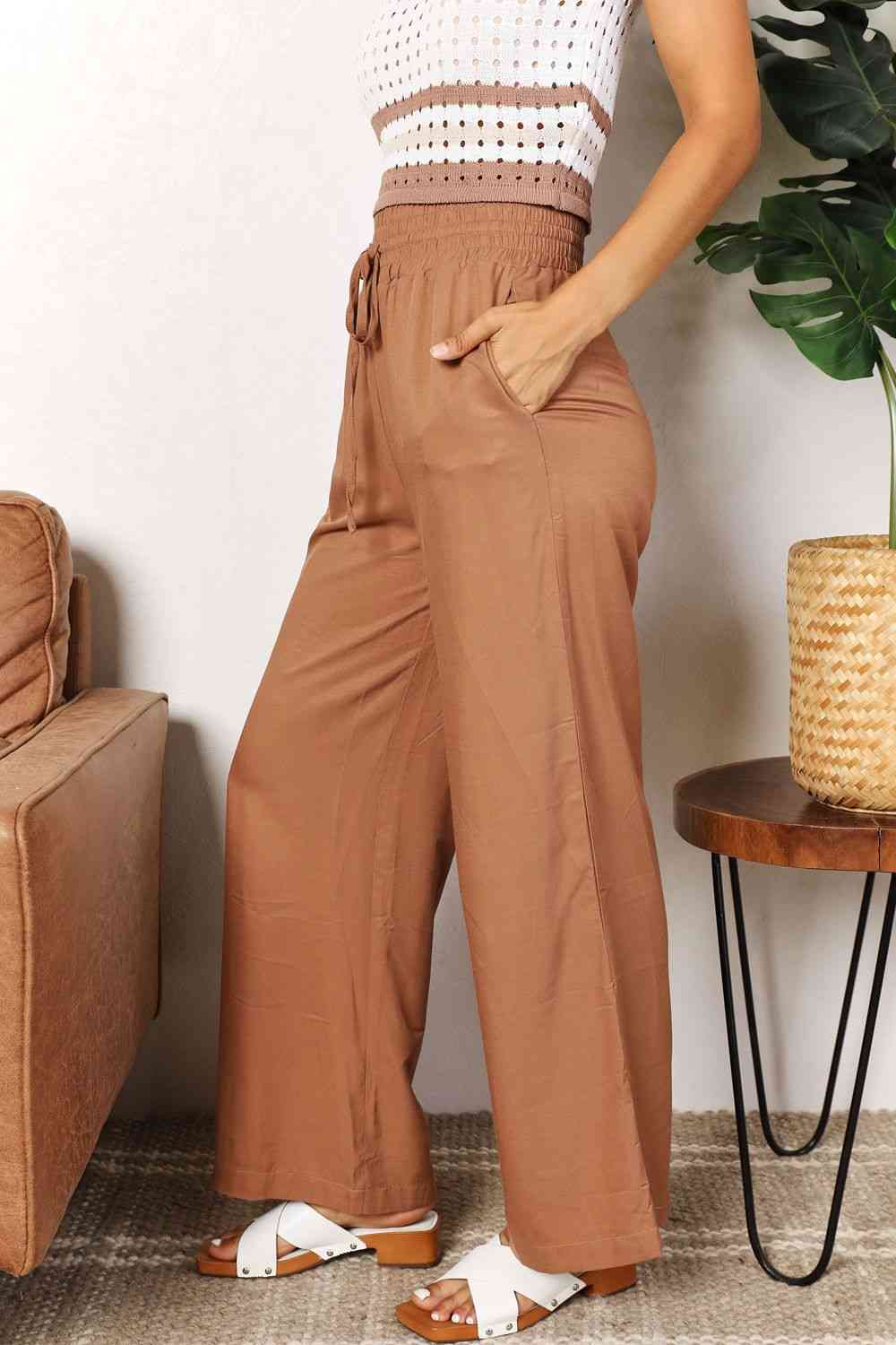 Double Take Drawstring Smocked Waist Wide Leg Pants - Corinne's Boutique