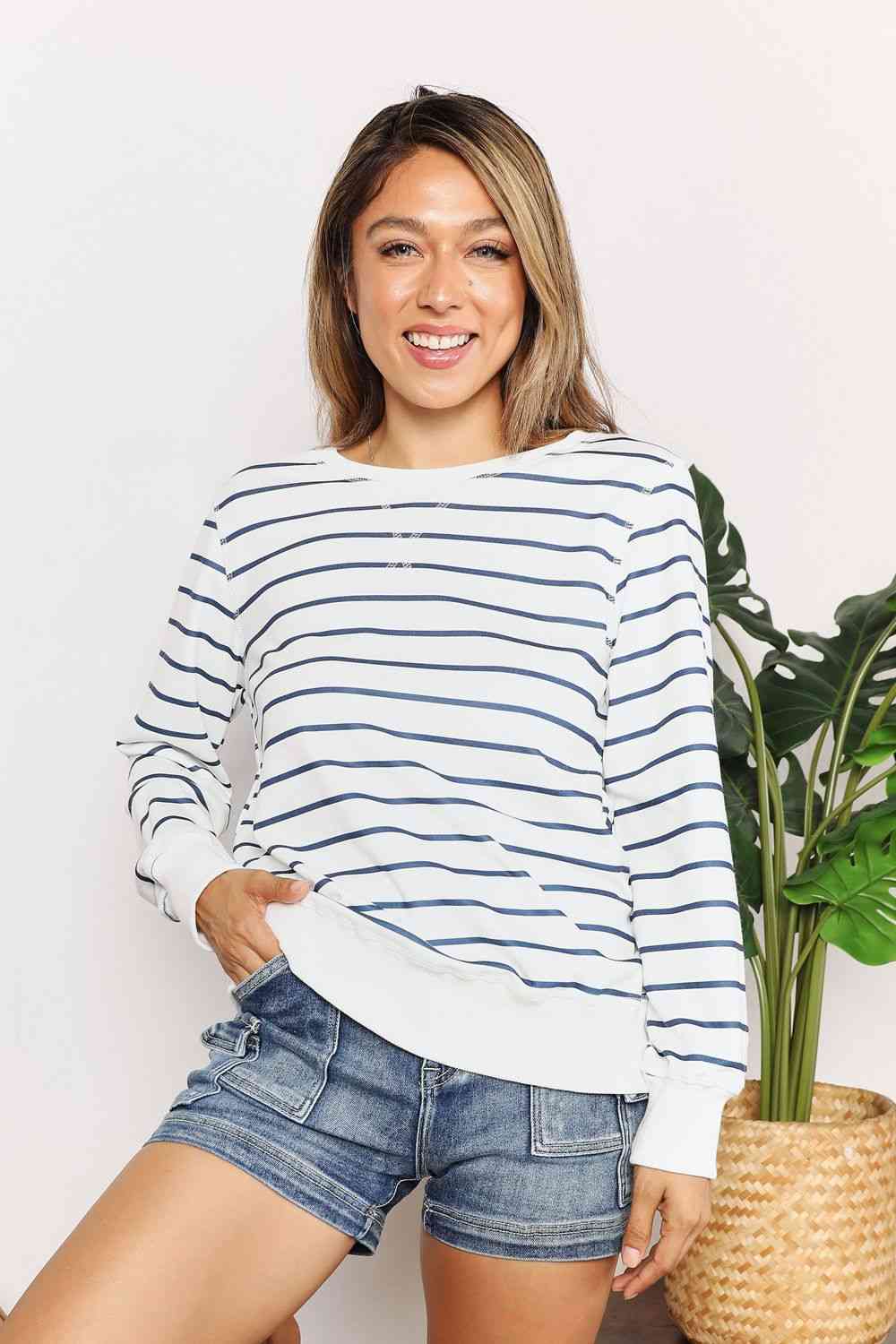 Double Take Striped Long Sleeve Round Neck Top - Corinne's Boutique