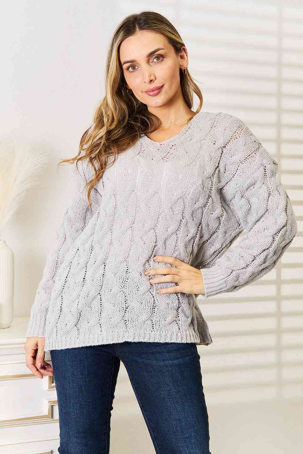 Woven Right Cable-Knit Hooded Sweater - Corinne's Boutique