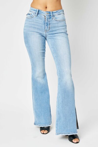 Judy Blue Full Size Mid Rise Raw Hem Slit Flare Jeans - Corinne's Boutique