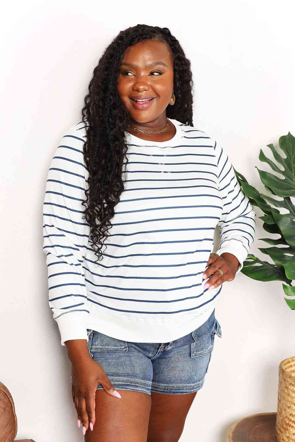 Double Take Striped Long Sleeve Round Neck Top - Corinne's Boutique