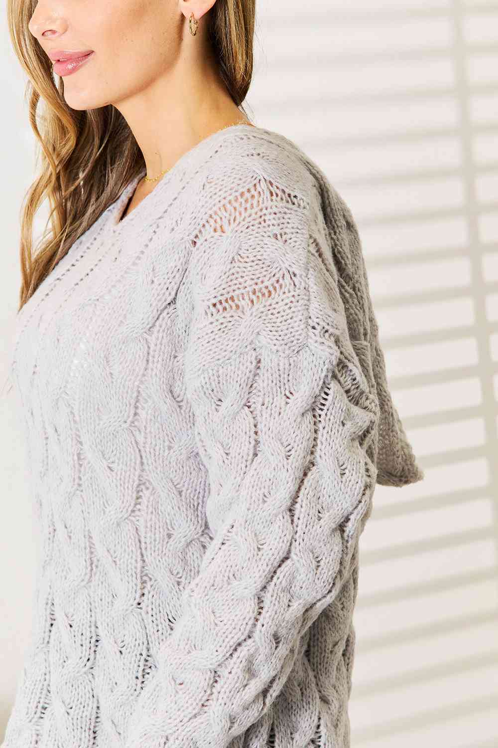 Woven Right Cable-Knit Hooded Sweater - Corinne's Boutique