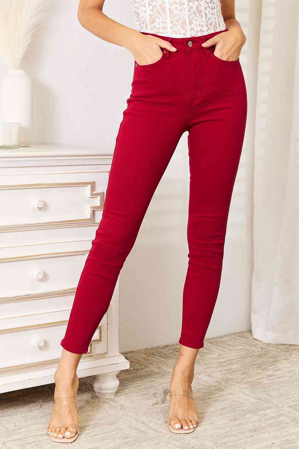 Judy Blue Full Size High Waist Tummy Control RED Skinny Jeans - Corinne's Boutique