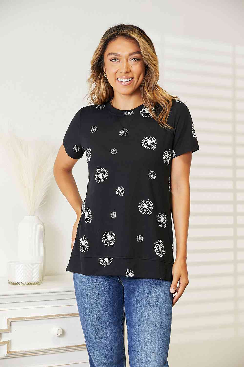Dandelion Print Round Neck T-Shirt - Corinne's Boutique