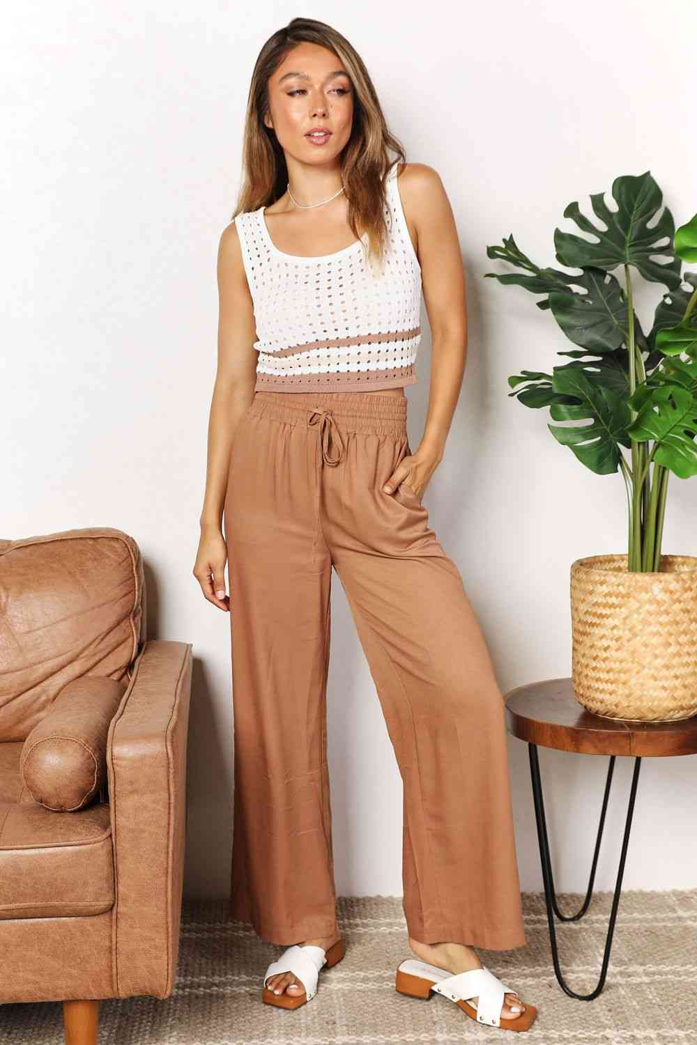 Double Take Drawstring Smocked Waist Wide Leg Pants - Corinne's Boutique