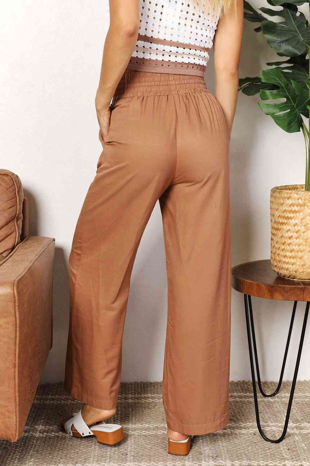 Double Take Drawstring Smocked Waist Wide Leg Pants - Corinne's Boutique