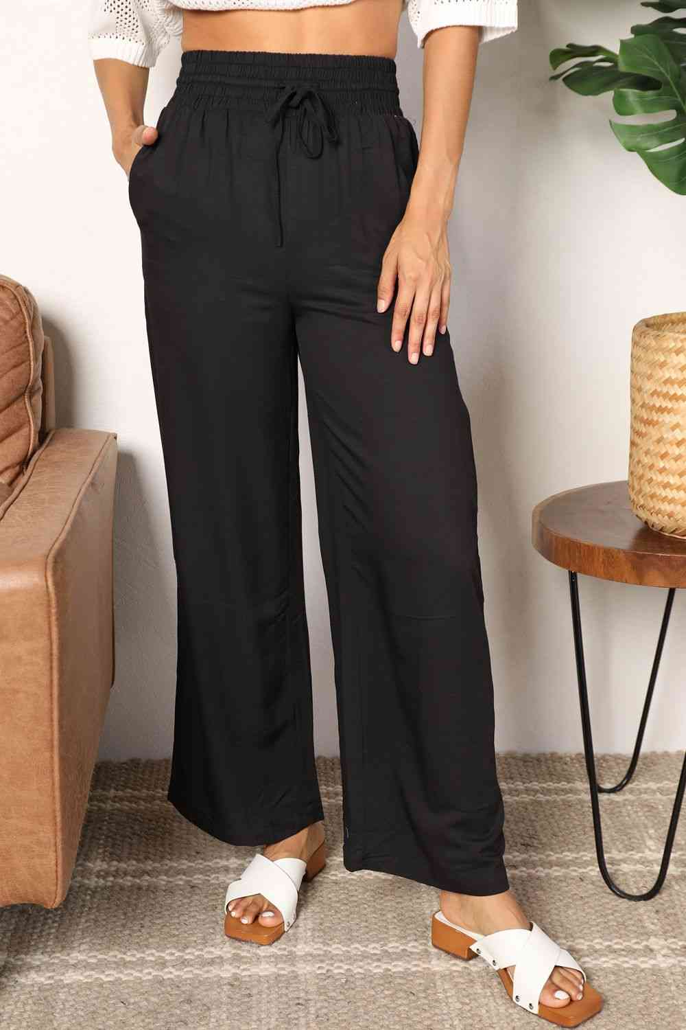 Double Take Drawstring Smocked Waist Wide Leg Pants - Corinne's Boutique