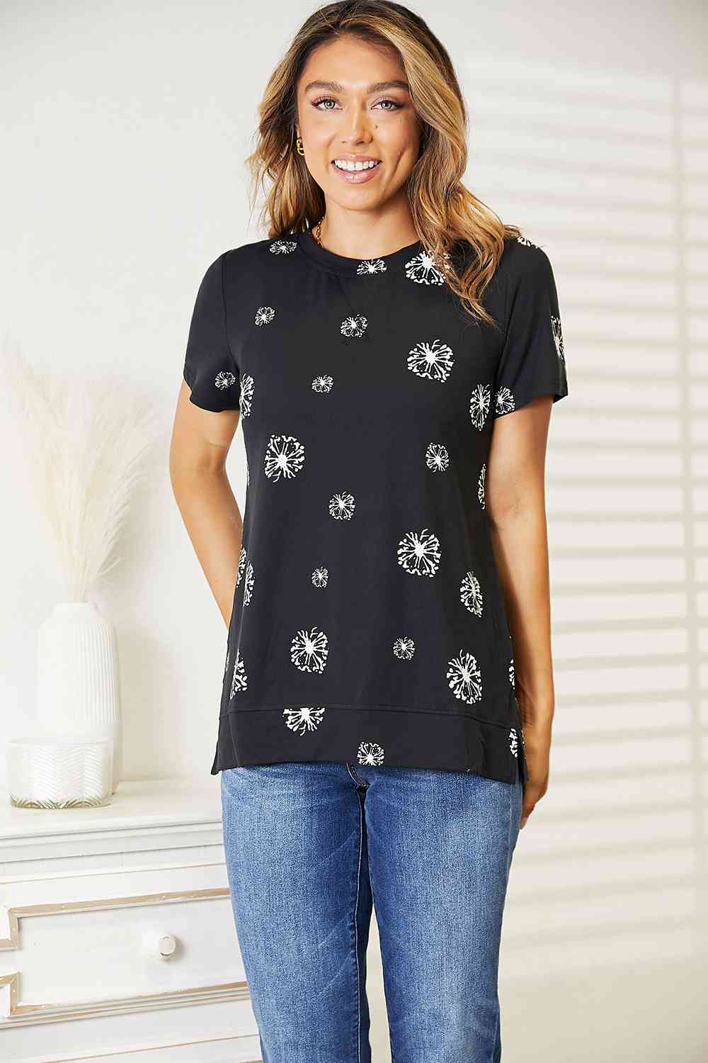 Dandelion Print Round Neck T-Shirt - Corinne's Boutique