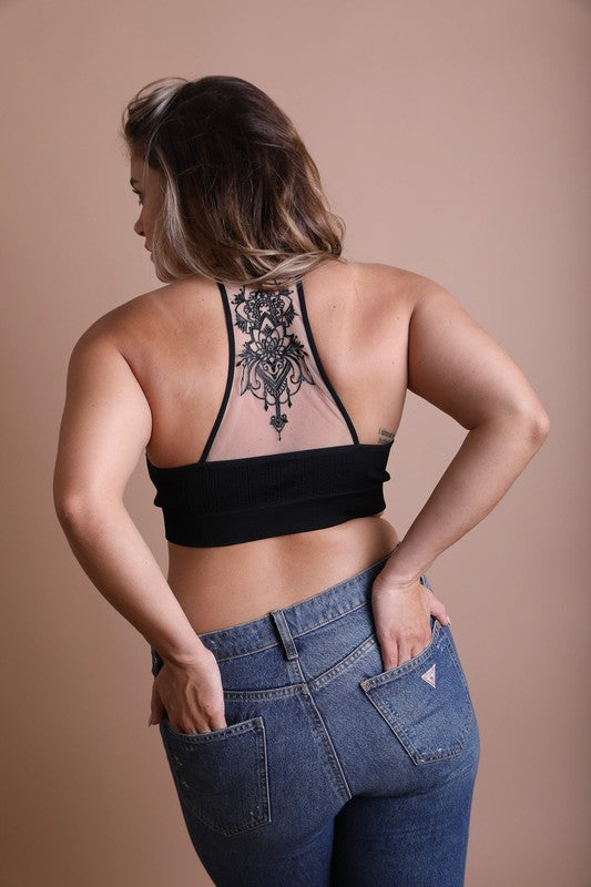 Plus Size Tattoo Mesh Racerback Bralette - Corinne's Boutique