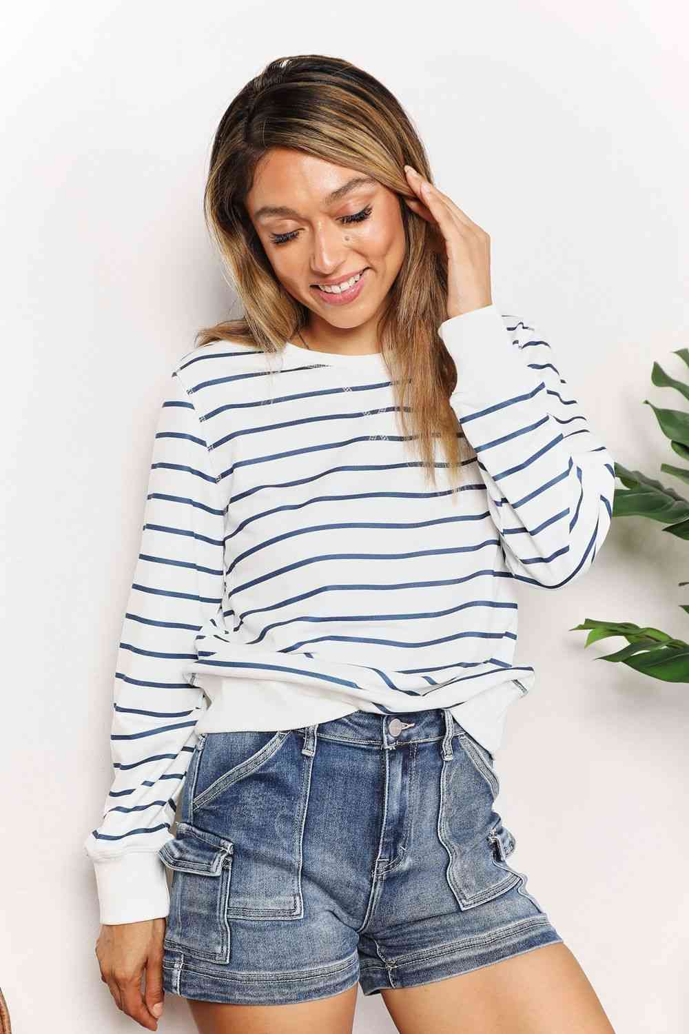 Double Take Striped Long Sleeve Round Neck Top - Corinne's Boutique