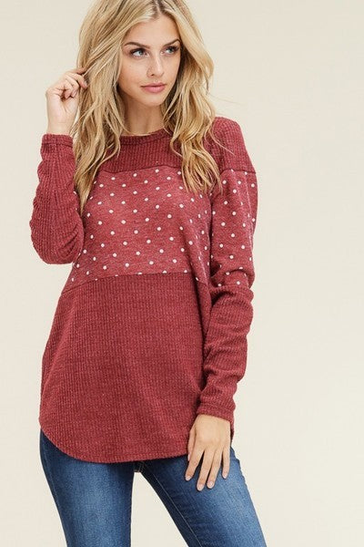 Burgundy Long Sleeve Knit Top with Polka Dot accent - Corinne's Boutique