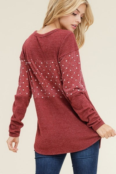 Burgundy Long Sleeve Knit Top with Polka Dot accent - Corinne's Boutique