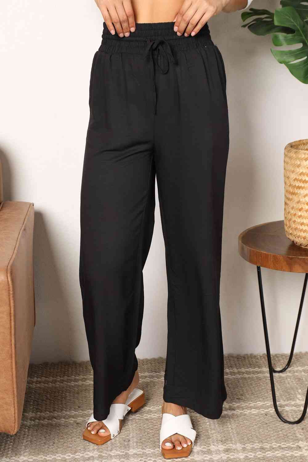 Double Take Drawstring Smocked Waist Wide Leg Pants - Corinne's Boutique