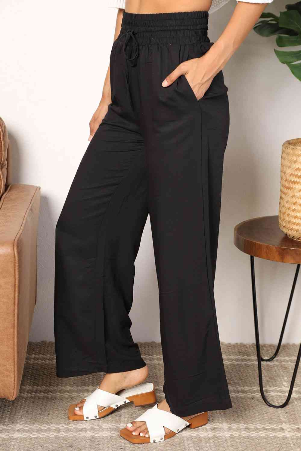 Double Take Drawstring Smocked Waist Wide Leg Pants - Corinne's Boutique