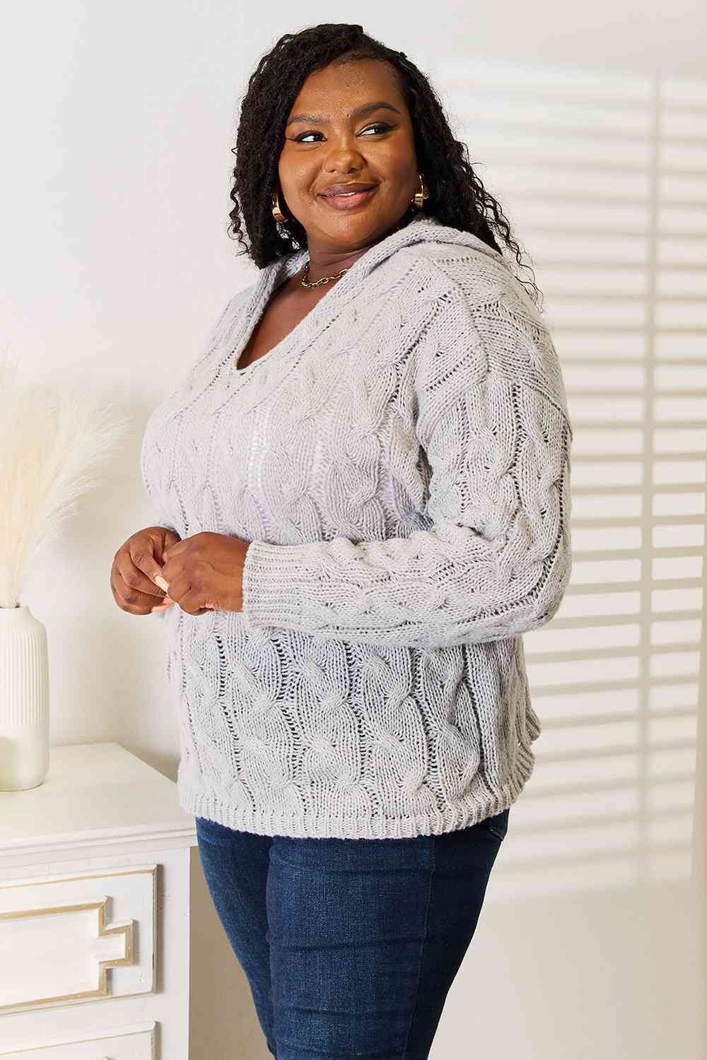 Woven Right Cable-Knit Hooded Sweater - Corinne's Boutique