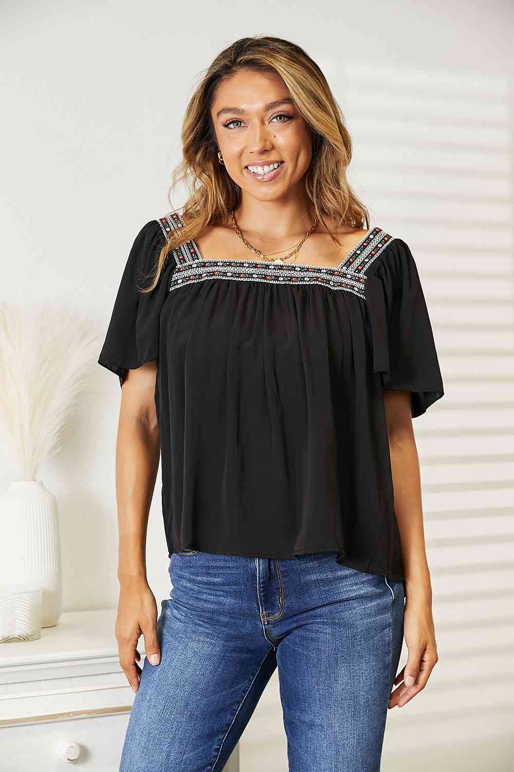 Double Take Contrast Square Neck Puff Sleeve Blouse - Corinne's Boutique