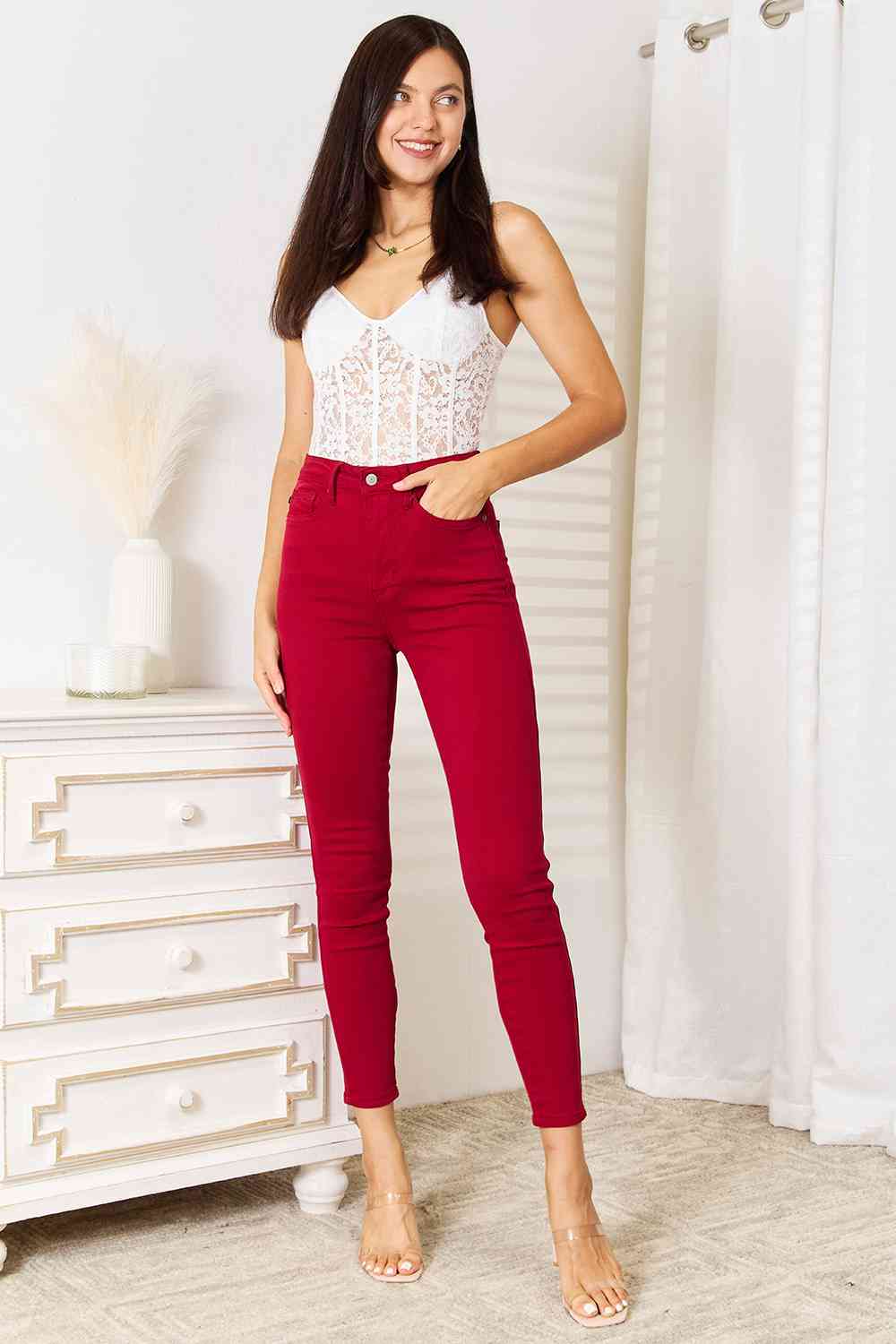 Judy Blue Full Size High Waist Tummy Control RED Skinny Jeans - Corinne's Boutique