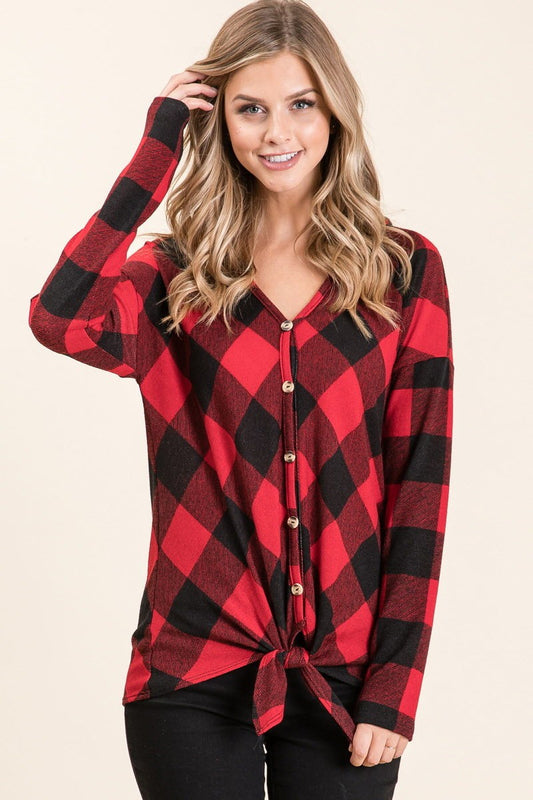 Checker Print Hooded Tie Top - Corinne's Boutique