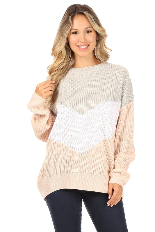 Grey, Pink and White Chevron Oversized Sweater - Corinne's Boutique