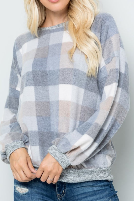 Checker Print Long Puff Sleeve top - Corinne's Boutique