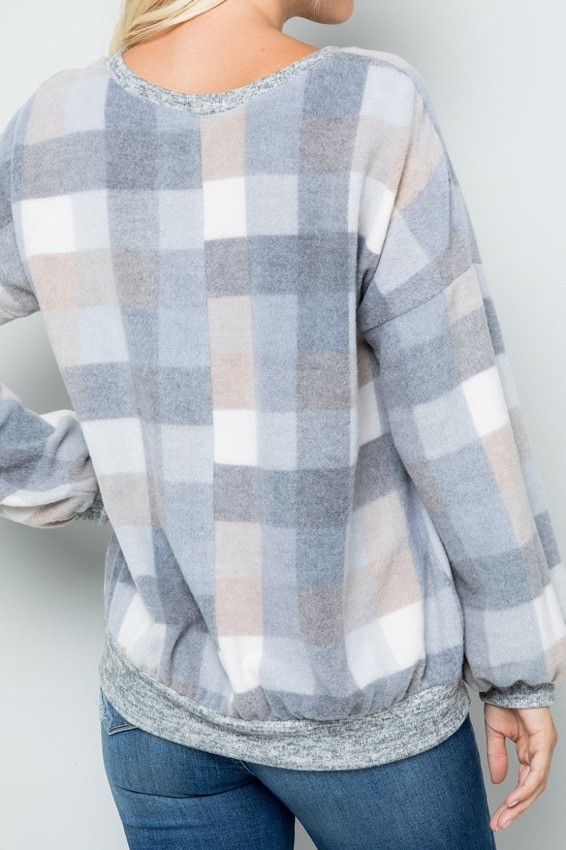 Checker Print Long Puff Sleeve top - Corinne's Boutique
