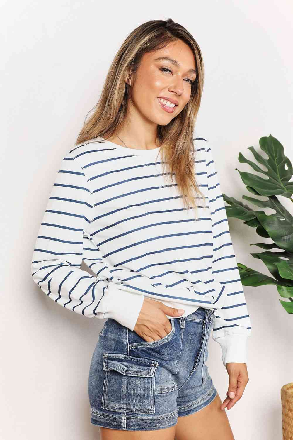 Double Take Striped Long Sleeve Round Neck Top - Corinne's Boutique