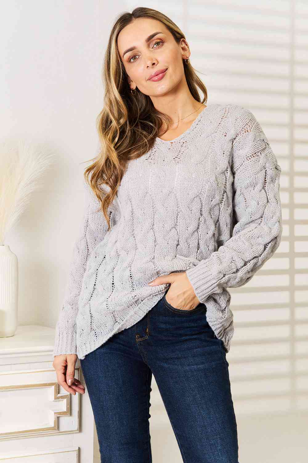 Woven Right Cable-Knit Hooded Sweater - Corinne's Boutique