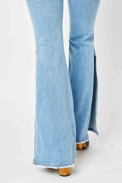 Judy Blue Full Size Mid Rise Raw Hem Slit Flare Jeans - Corinne's Boutique