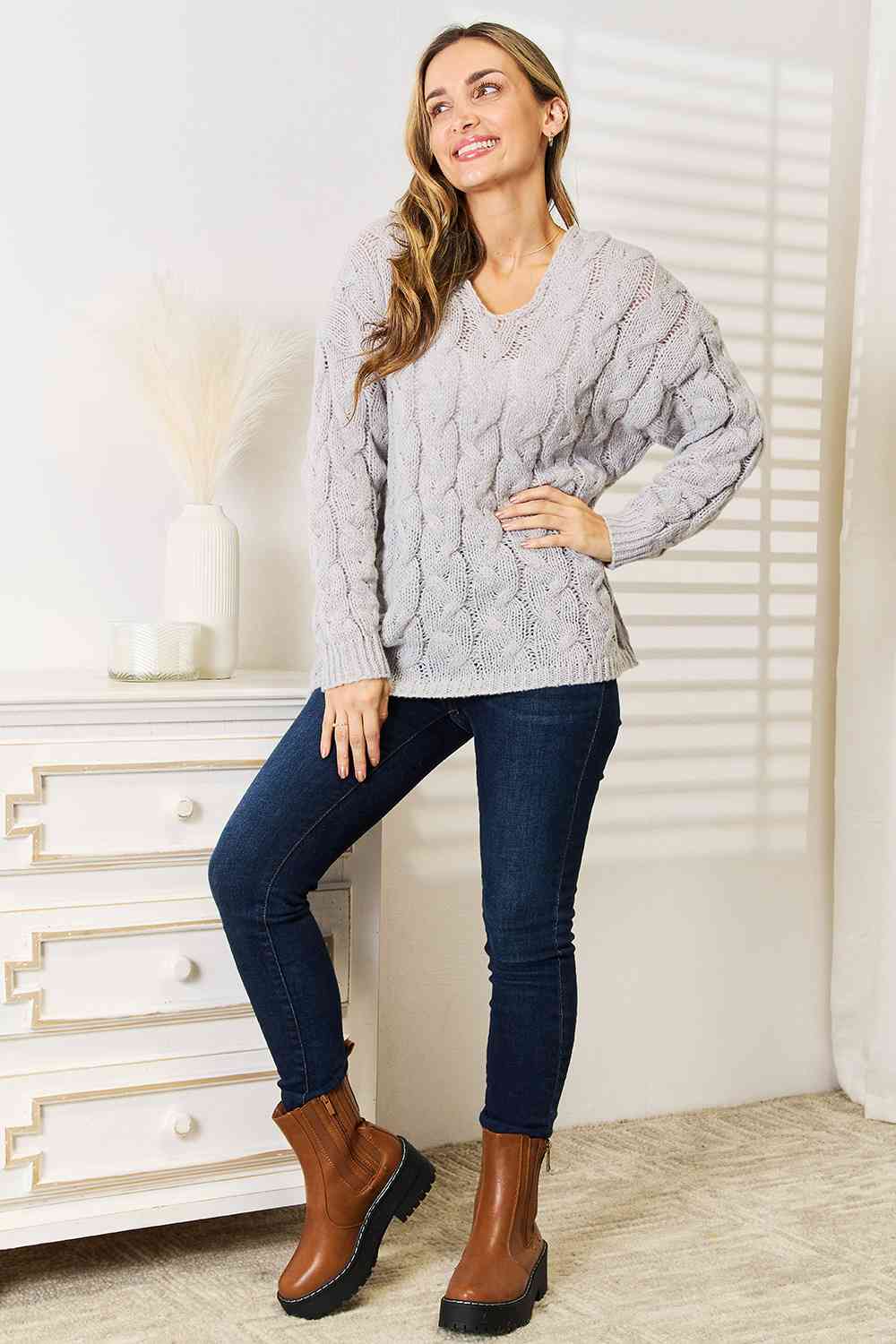 Woven Right Cable-Knit Hooded Sweater - Corinne's Boutique