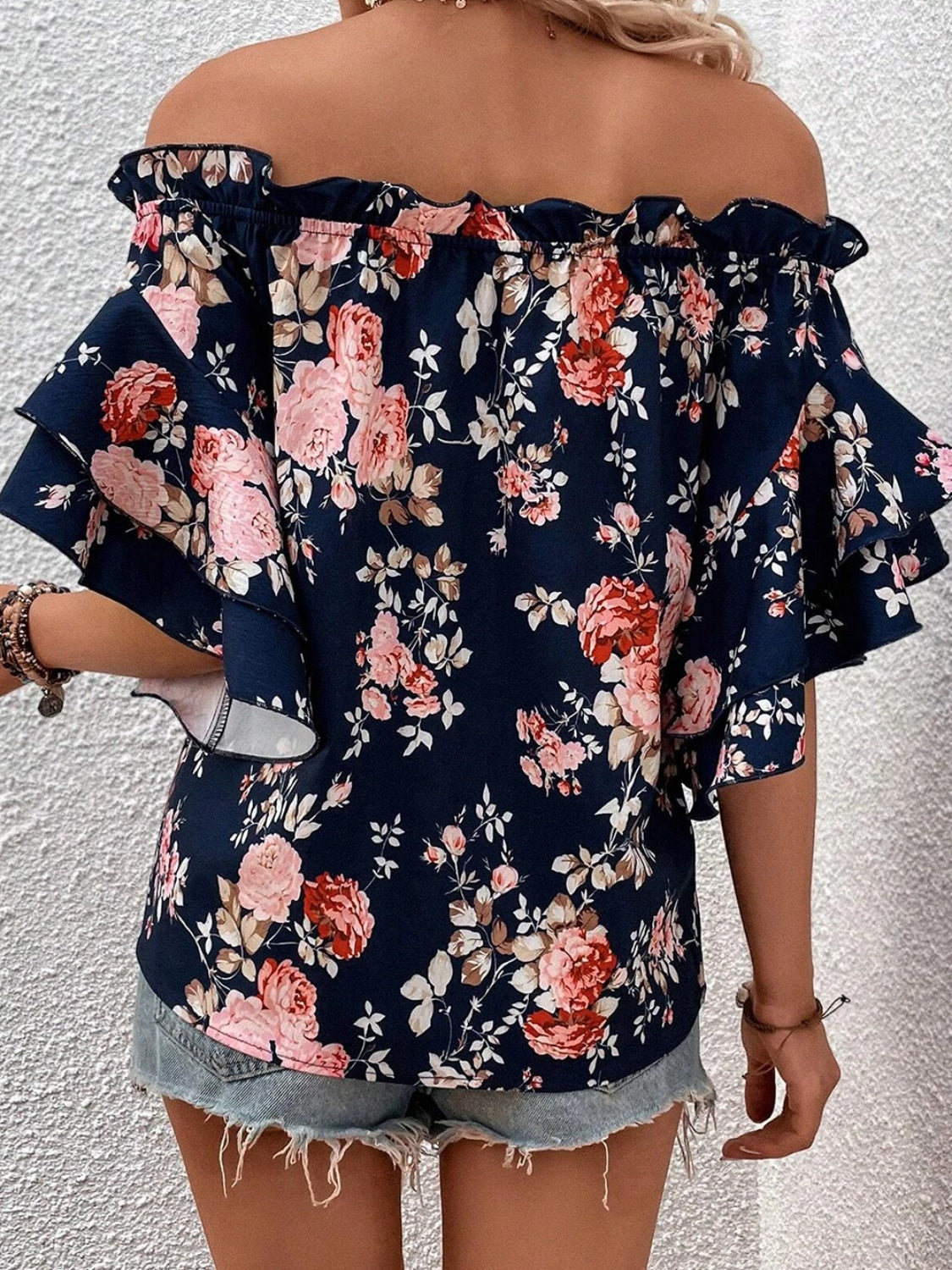 Printed Off-Shoulder Flounce Sleeve Blouse - Corinne's Boutique