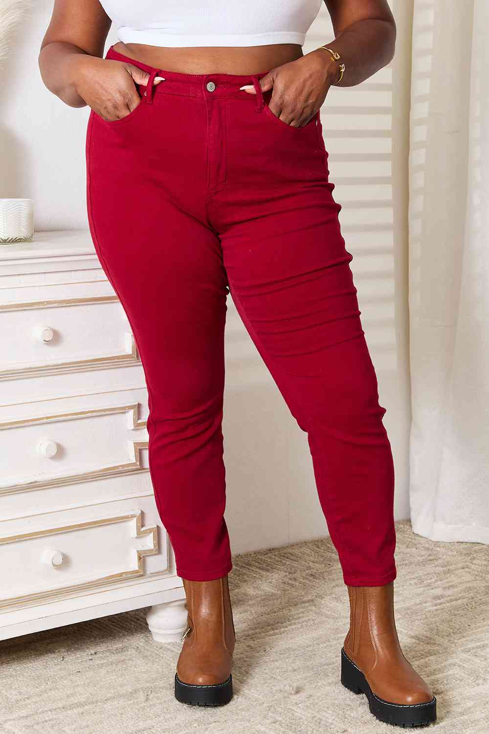 Judy Blue Full Size High Waist Tummy Control RED Skinny Jeans - Corinne's Boutique