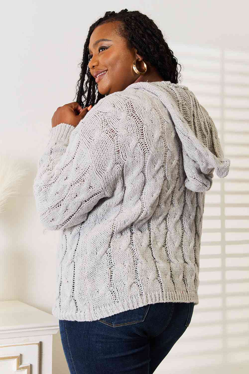 Woven Right Cable-Knit Hooded Sweater - Corinne's Boutique