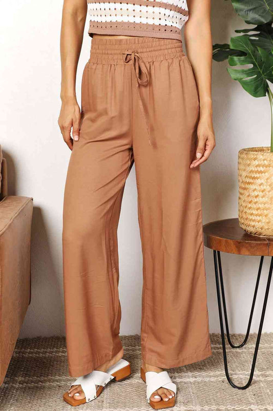 Double Take Drawstring Smocked Waist Wide Leg Pants - Corinne's Boutique